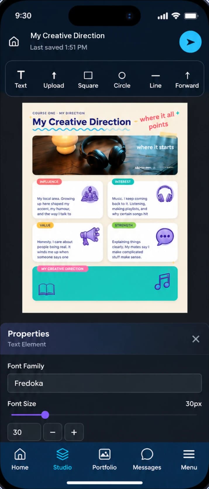 LUMINA Studio on iPhone: a student's poster design open on the canvas with the text tools and properties panel